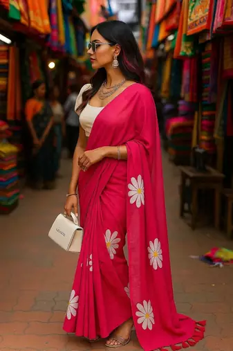 Pink blended cotton woven zari work saree with blouse