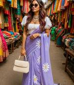 Purple blended cotton woven zari work saree with blouse