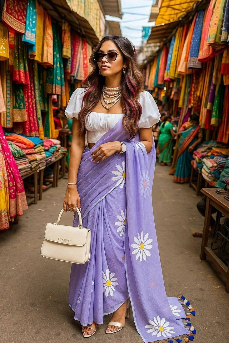 Purple blended cotton woven zari work saree with blouse