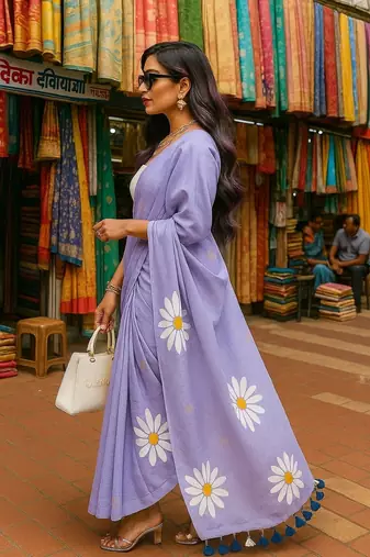 Purple blended cotton woven zari work saree with blouse