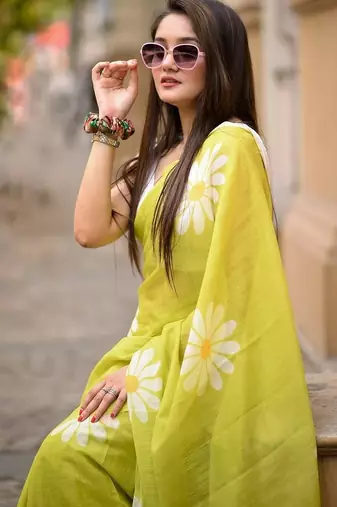 Light green linen printed zari work saree with blouse