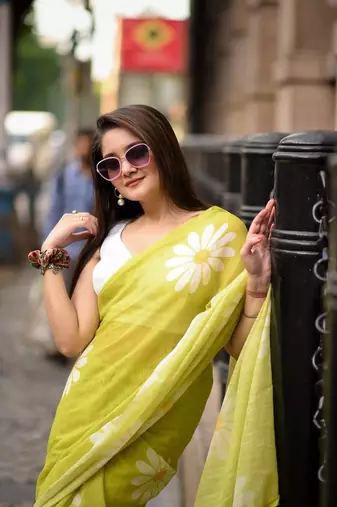 Light green linen printed zari work saree with blouse