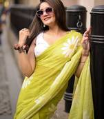 Light green linen printed zari work saree with blouse