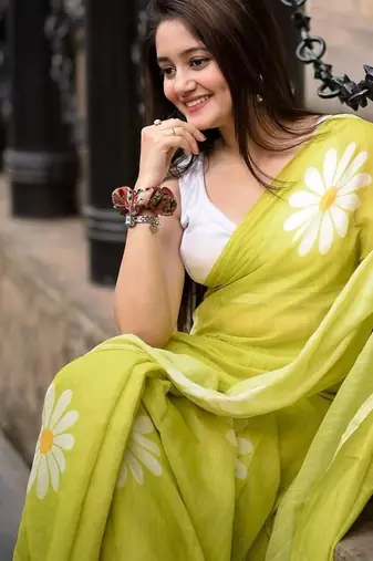 Light green linen printed zari work saree with blouse