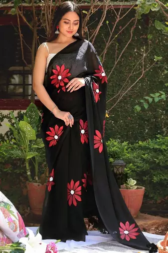 Black pure cotton printed zari work saree with blouse