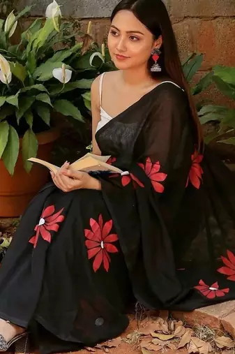 Black pure cotton printed zari work saree with blouse