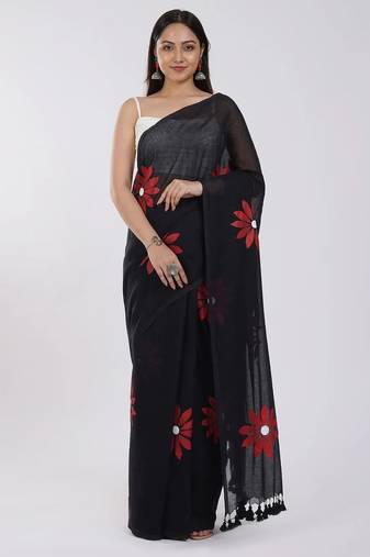 Black pure cotton printed zari work saree with blouse