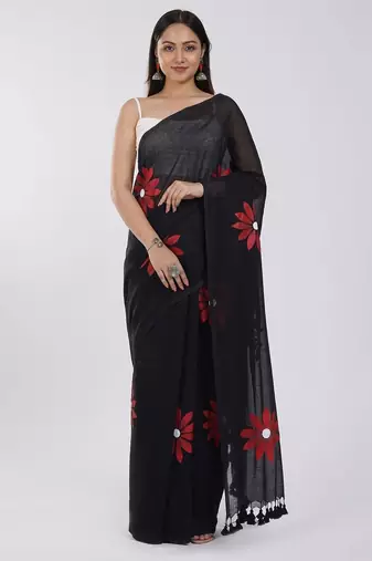 Black pure cotton printed zari work saree with blouse