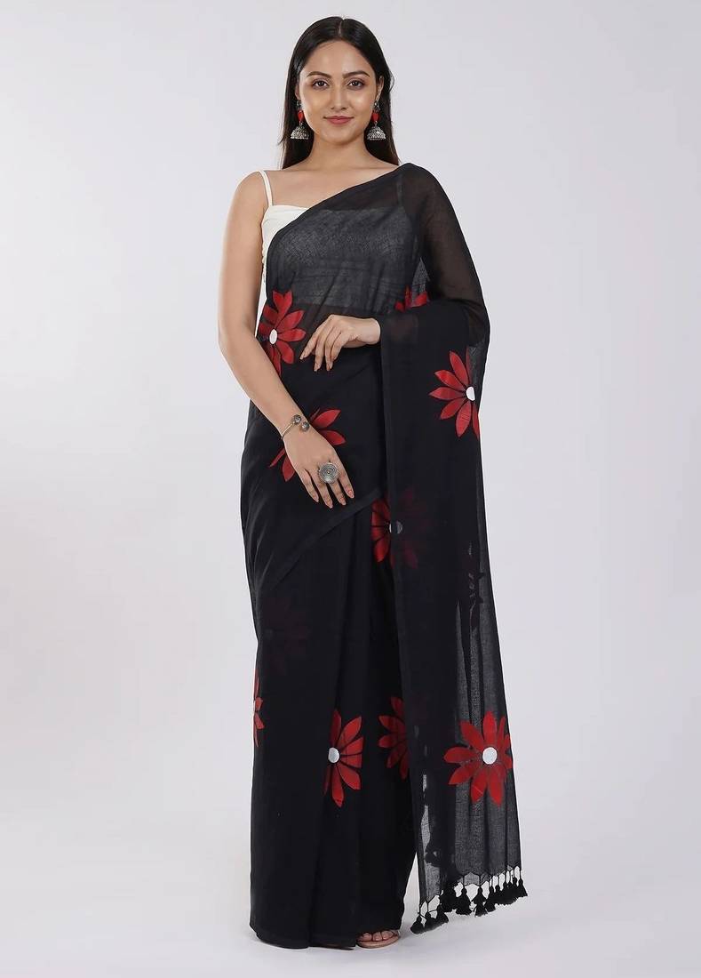 Black pure cotton printed zari work saree with blouse
