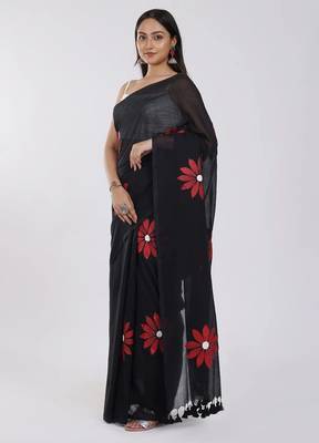 Black pure cotton printed zari work saree with blouse 4