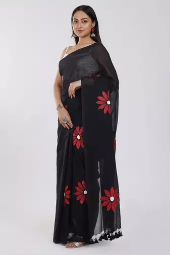 Black pure cotton printed zari work saree with blouse