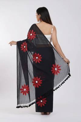 Black pure cotton printed zari work saree with blouse 5
