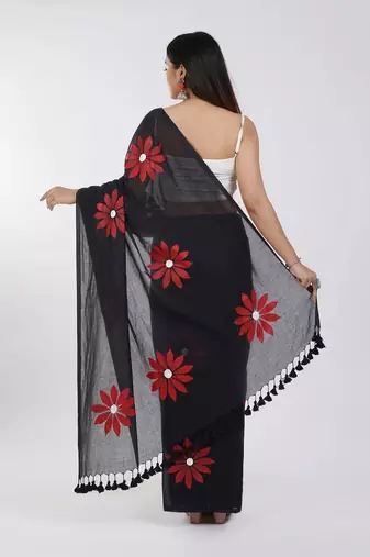 Black pure cotton printed zari work saree with blouse
