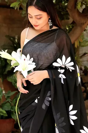 Black pure cotton printed zari work saree with blouse