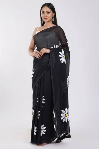 Black pure cotton printed zari work saree with blouse