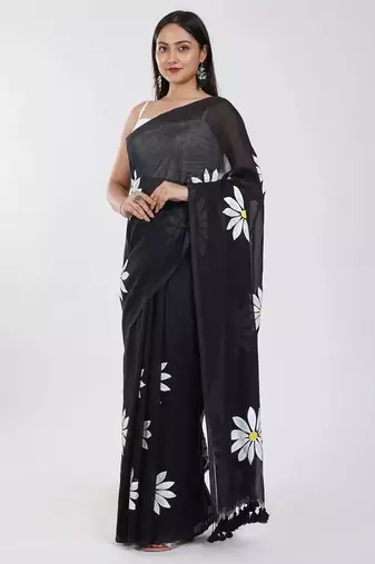 Black pure cotton printed zari work saree with blouse
