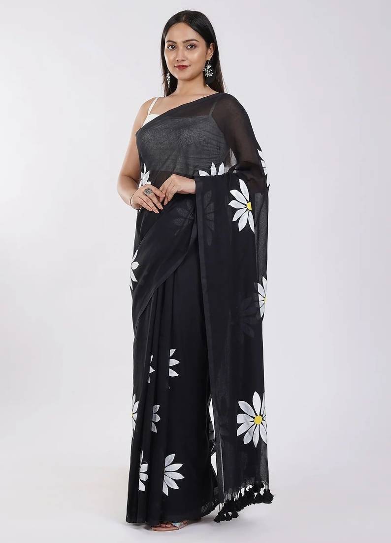 Black pure cotton printed zari work saree with blouse