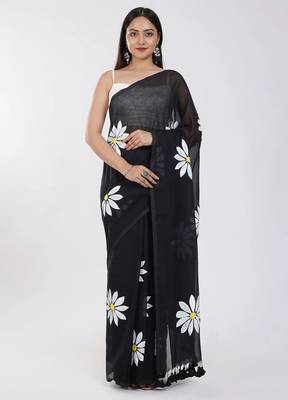 Black pure cotton printed zari work saree with blouse 4