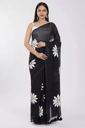 Black pure cotton printed zari work saree with blouse