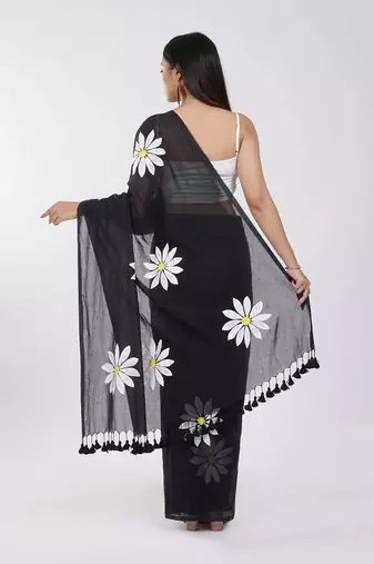 Black pure cotton printed zari work saree with blouse