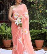 Pink pure cotton printed floral print saree with blouse