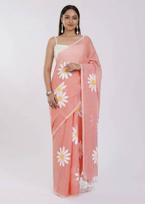 Pink pure cotton printed floral print saree with blouse 2