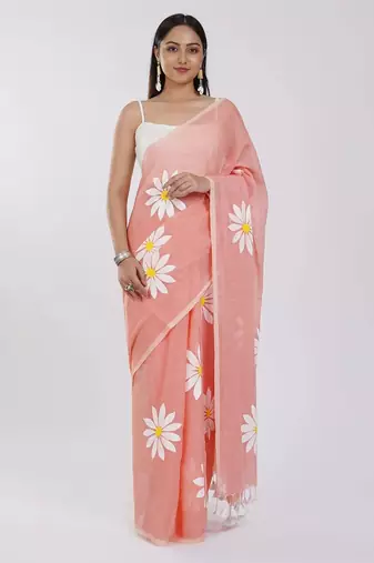 Pink pure cotton printed floral print saree with blouse