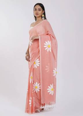 Pink pure cotton printed floral print saree with blouse 3