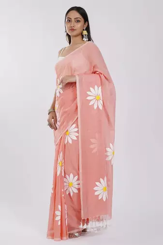 Pink pure cotton printed floral print saree with blouse