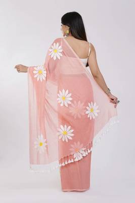 Pink pure cotton printed floral print saree with blouse 4