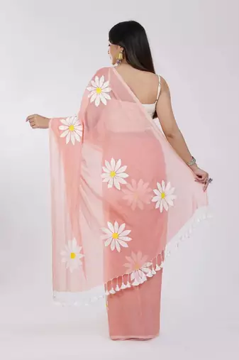 Pink pure cotton printed floral print saree with blouse