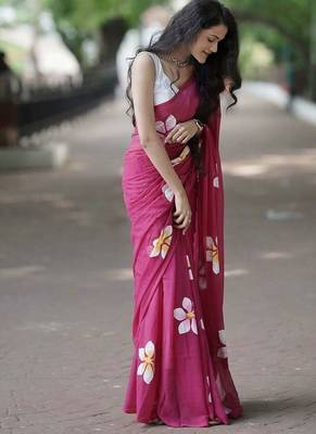 Pink pure cotton printed zari work saree with blouse 2