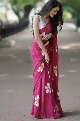 Pink pure cotton printed zari work saree with blouse