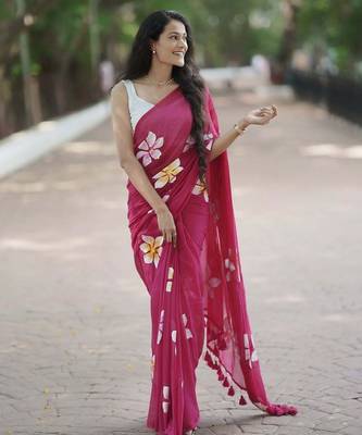 Pink pure cotton printed zari work saree with blouse 3