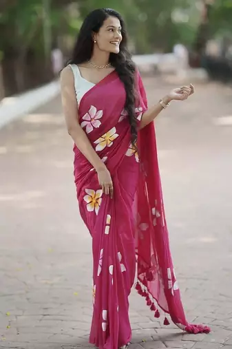 Pink pure cotton printed zari work saree with blouse