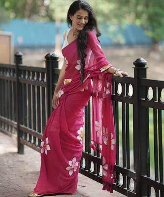 Pink pure cotton printed zari work saree with blouse 5