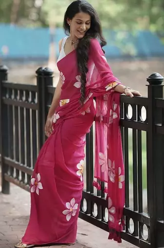 Pink pure cotton printed zari work saree with blouse