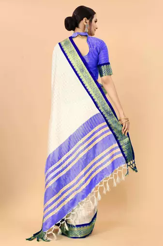 Blue pure silk woven zari work saree with blouse