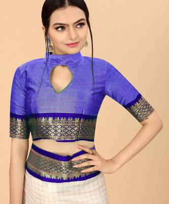 Blue pure silk woven zari work saree with blouse 4