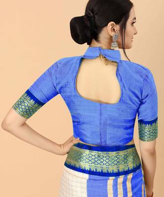 Blue pure silk woven zari work saree with blouse 5
