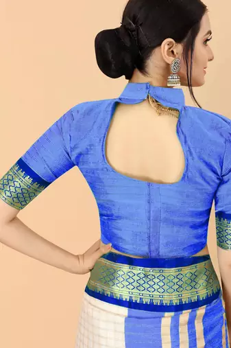 Blue pure silk woven zari work saree with blouse