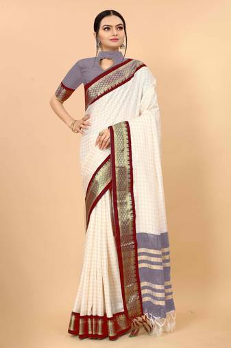 Cream pure silk printed zari work saree with blouse