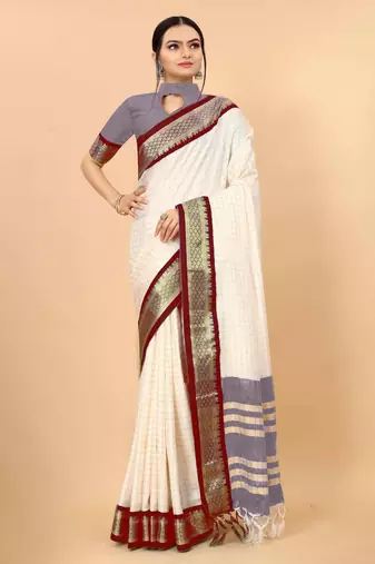 Cream pure silk printed zari work saree with blouse