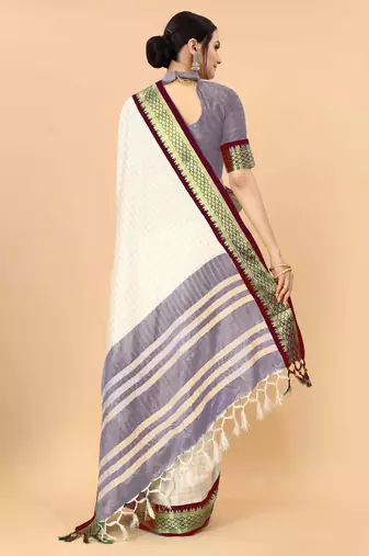 Cream pure silk printed zari work saree with blouse