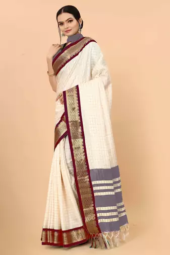 Cream pure silk printed zari work saree with blouse