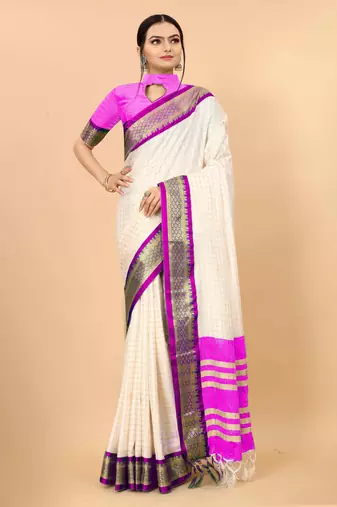 Cream pure silk printed zari work saree with blouse