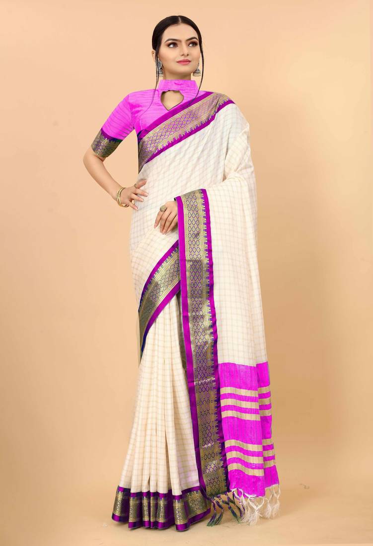 Cream pure silk printed zari work saree with blouse