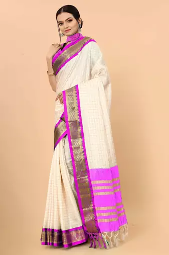 Cream pure silk printed zari work saree with blouse