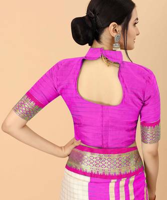 Cream pure silk printed zari work saree with blouse 5