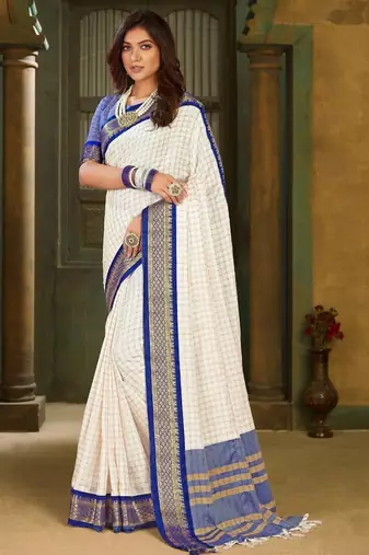 White blue blended cotton printed zari work saree with blouse